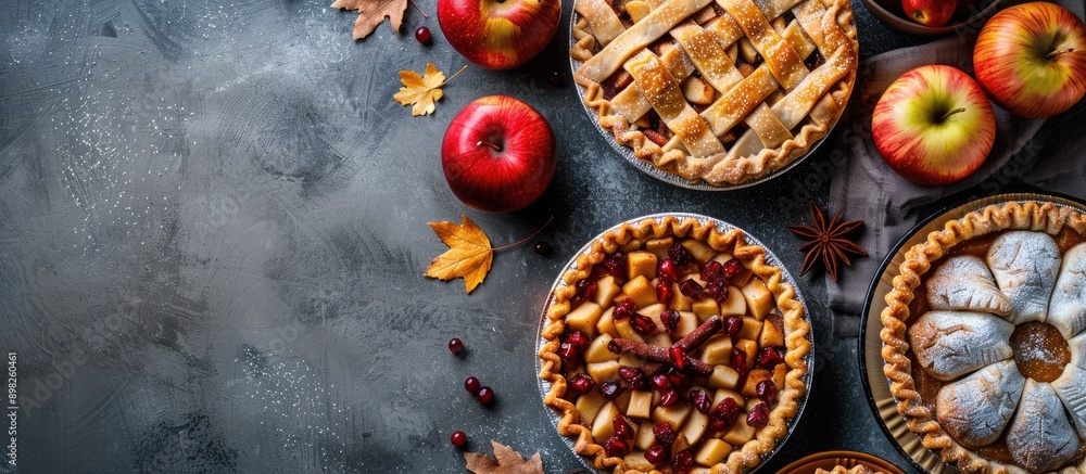 Poster top view of assorted thanksgiving pies with pumpkins and apples showcasing copy space image traditio