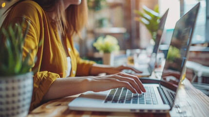 Woman checking recent transactions on laptop in a cafe