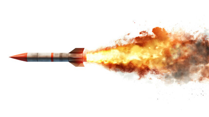 A missile rocket with fire trail isolated on transparent white background, clipping path