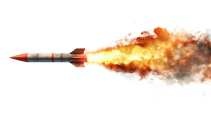 A missile rocket with fire trail isolated on transparent white background, clipping path