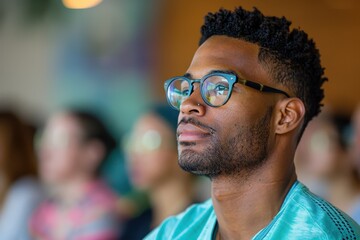 Fototapeta premium Finding Inner Peace - Man Engaged in Mindfulness Workshop, Spring Teal Attire for Stress Relief Practice