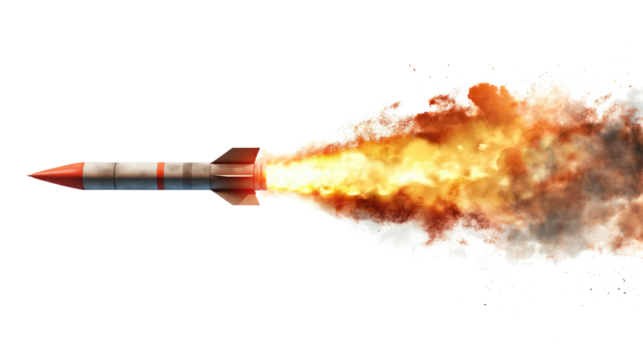 A missile rocket with fire trail isolated on transparent white background, clipping path
