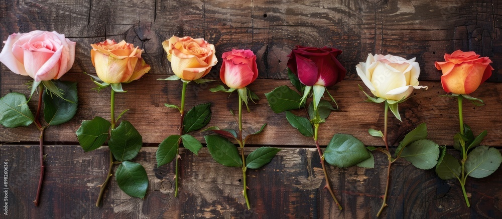Poster Assorted roses displayed on a rustic wooden backdrop with copy space image available