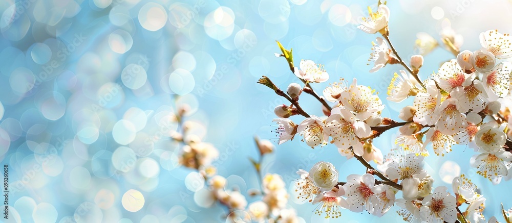 Poster Blooming apricot branches in spring against a sky backdrop in a banner featuring copy space image