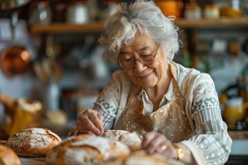 Golden Moments of Mental Wellness: Senior Woman Baking Bread with Joy