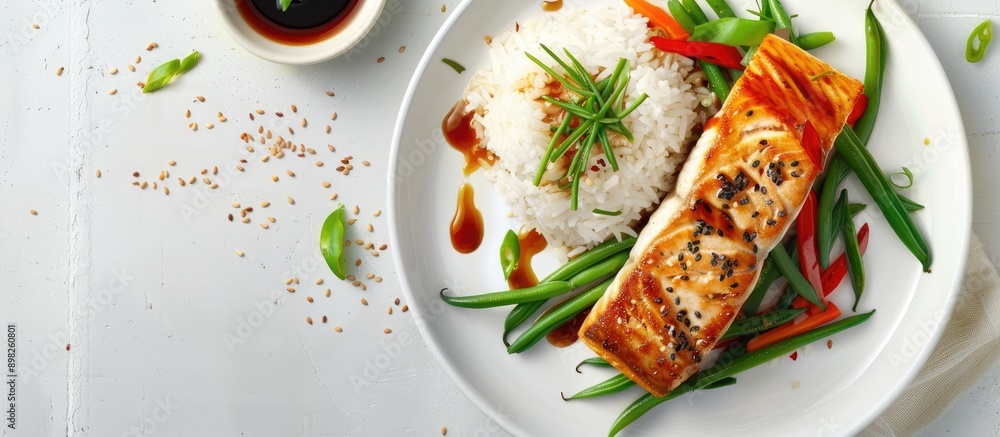 Poster asian inspired dish featuring a fish fillet accompanied by rice soy sauce and green beans elegantly 