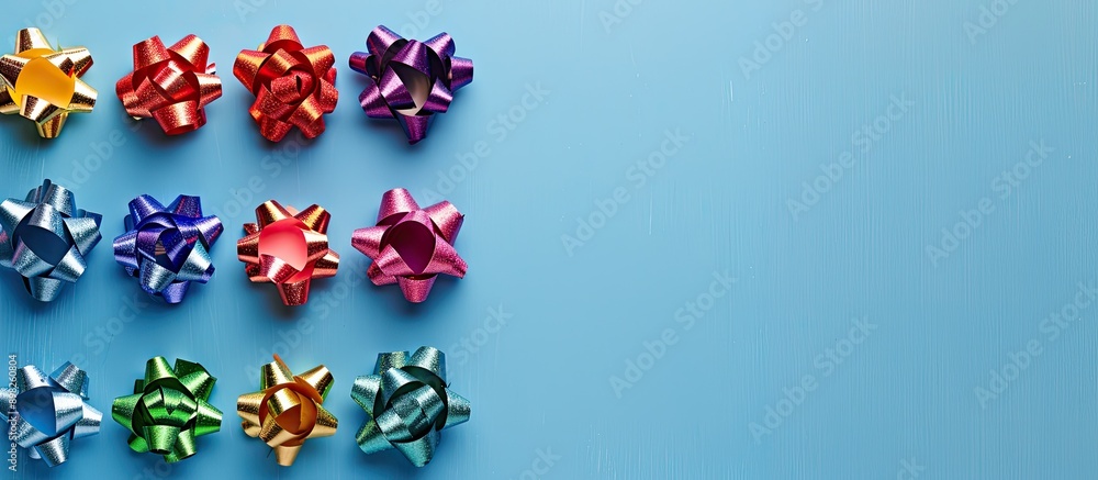 Poster colorful christmas bows on a blue background with copy space image for text creating a festive new y