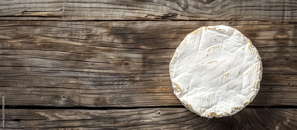 Poster top view of brie cheese on a wooden backdrop with free copy space image available