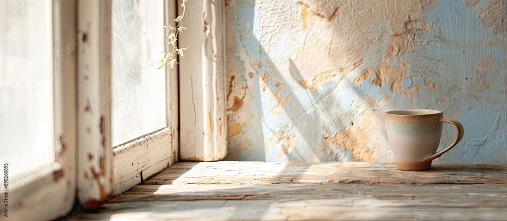Aufkleber The coffee cup does not sit on a wooden windowsill in the image with space for text. Creative banner. Copyspace image