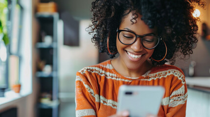 Smiling woman using a mobile app for bill reminders at home