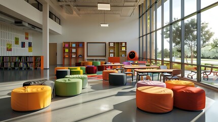 Classroom with modern, modular seating arrangements 