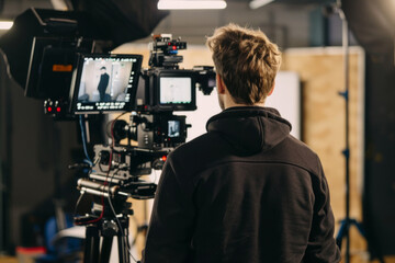 Young filmmaker working behind the scenes on a set in a studio