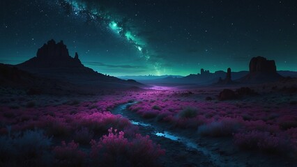 Obraz premium Dreamlike Landscape with Pink Flowers Under Night Sky