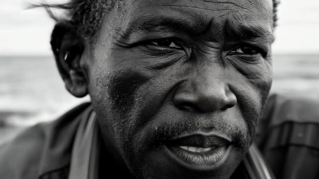 Black and white close-up portrait of an elderly man with an intense expression, highlighting the depth and emotion in his face.
