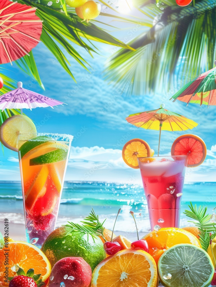 Poster two colorful cocktails garnished with fruit and paper umbrellas sit in front of a beach scene. gener