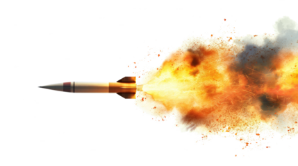 A missile rocket with fire trail isolated on transparent white background, clipping path