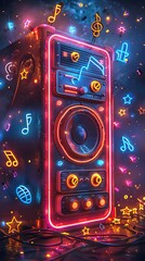 Retro styled speaker with neon lights and musical notes.