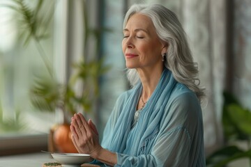 Fototapeta premium Serene Senior Woman Practicing Mindful Eating for Stress Relief in Ultramarine Attire