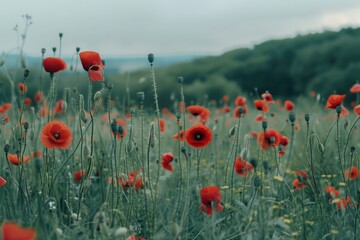 Fototapeta premium Red poppies swaying in a field, Red poppies blooming in a golden wheat field, AI generated