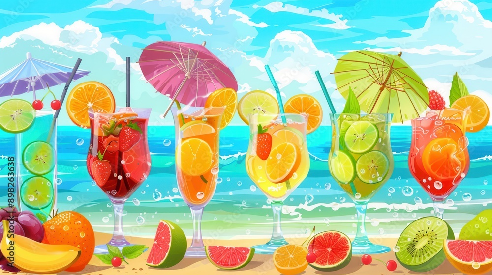 Poster six colorful cocktails are arranged on a sandy beach, each with a fruit garnish and an umbrella. the