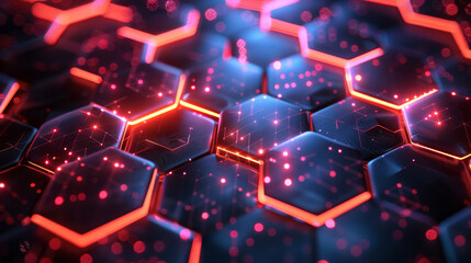 Futuristic hi-tech pattern of hexagonal tiles illuminated with red and pink lights for the background.