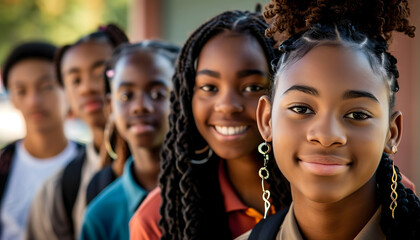 Group of Diverse and Empowered African American Black Youth High School Students Working Together in Community Service Club : Power of Collaboration in Clubs, Sports Teams 