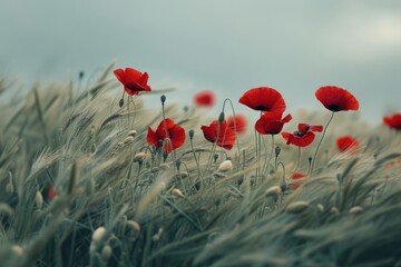 Red poppies swaying in a field, AI generated