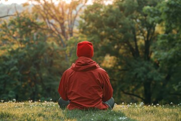 Serene Man Finding Stress Relief in Nature Therapy Session, Embracing Rouge Red Attire