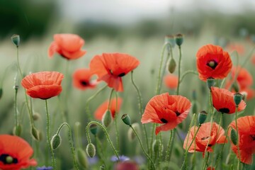 Fototapeta premium Red poppies swaying in a field, AI generated