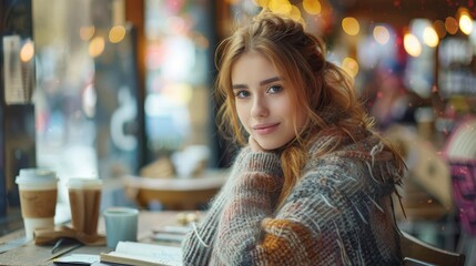  A woman sits at a table, before a window She holds a book in one hand and a steaming cup of coffee in the other