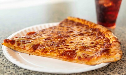 Two slices of pizza on a white paper plate with a fountain soda nearby