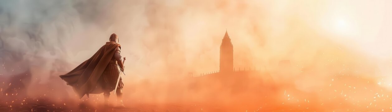 A lone hero in a dramatic, misty landscape with a distant castle, enveloped in warm, ethereal light, evoking a sense of epic adventure.