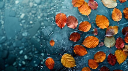  A collection of orange and yellow leaves hovering atop still water, adorned with water droplets