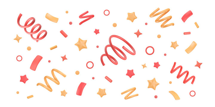 Background with 3d confetti. Fireworks of serpentine, tinsel, stars and dots. Holiday horizontal wallpaper. Event decoration. Cartoon firecracker elements. Vector isolated illustration.