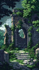 Pixel art ancient ruins, crumbling stone, overgrown vines, historical