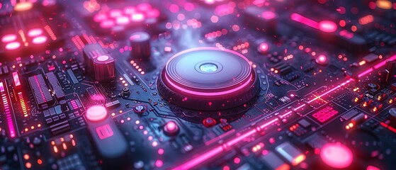 Close-up of a futuristic DJ mixer with glowing lights.