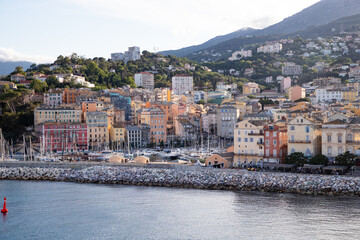 panoramic summer cityscape of Bastia. Stunning afternoon view of Corsica island, France, Europe. Bright Mediterranean seascape