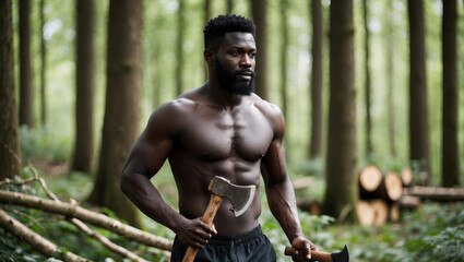 Black handsome lumberjack in forest, athletic man in his 30s with beard, bare torso and axe in his hands