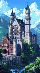 Naklejka premium Pixel art castle, medieval setting, towering walls, historical grandeur