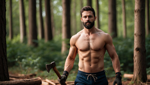 Handsome lumberjack macho man in forest, athletic man in his 30s with beard, bare torso and axe in his hands - Powered by Adobe