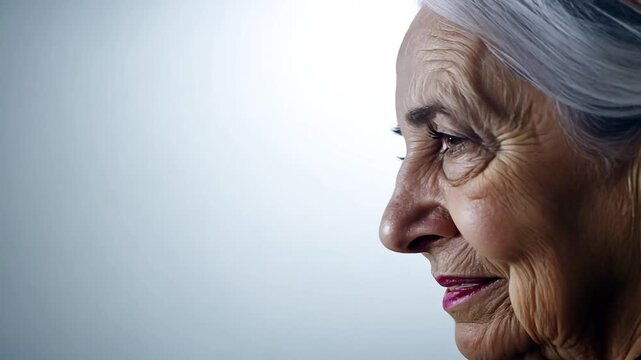 Profile of an elderly woman with grey hair, smiling slightly, side view
