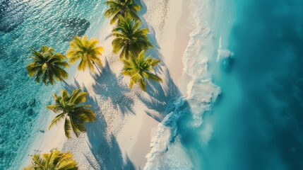  Abird's-eye perspective of a sandy beach dotted with palm trees in front, and a expansive body of water behind