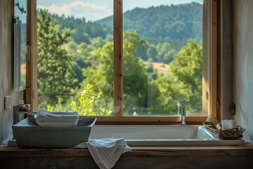 Bathroom with a large window overlooking the mountains and the valley