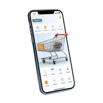 Smartphone displaying an online shopping app with a cart and products listed for purchase