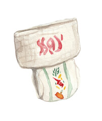 Watercolor illustration of pull-up diapers with an abstract pattern on a white background. Perfect for baby care themes, parenting guides, and nursery decor.