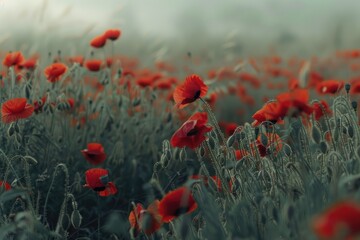 Obraz premium Red poppies swaying in a field, Bright red poppies stand out in a wheat field, AI generated