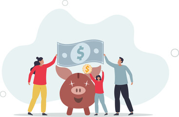 Family income .People making savings in piggy bank.flat design.illustration with people.
