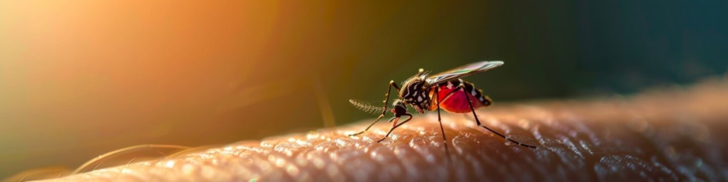 Mosquito that carries dengue fever, Zika virus is sucking blood on human skin.