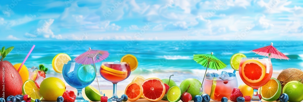 Poster a row of colorful cocktails with fruit garnishes and paper umbrellas sits on a sandy beach with the 