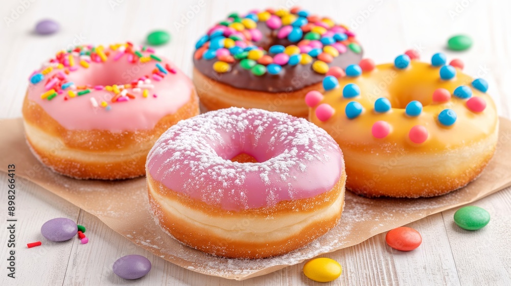 Poster four donuts with different colors and sprinkles on top. the donuts are arranged in a row on a white 